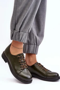 Sznurowane Skórzane Damskie Półbuty Ciemnozielone Nakera
