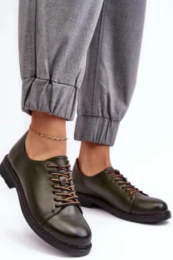 Sznurowane Skórzane Damskie Półbuty Ciemnozielone Nakera