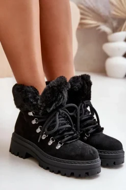 Sznurowane Trapery Damskie Z Futerkiem Czarne Vaminia