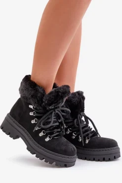 Sznurowane Trapery Damskie Z Futerkiem Czarne Vaminia