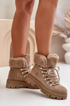 Sznurowane Trapery Damskie Z Futerkiem Ciemnobeżowe Vaminia