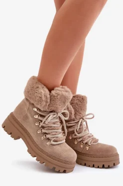 Sznurowane Trapery Damskie Z Futerkiem Ciemnobeżowe Vaminia