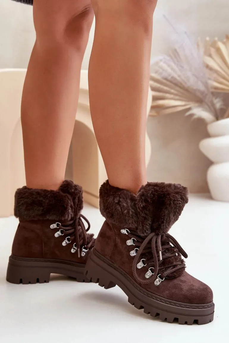 Sznurowane Trapery Damskie Z Futerkiem Ciemnobrązowe Vaminia