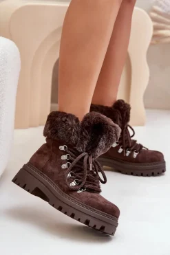 Sznurowane Trapery Damskie Z Futerkiem Ciemnobrązowe Vaminia