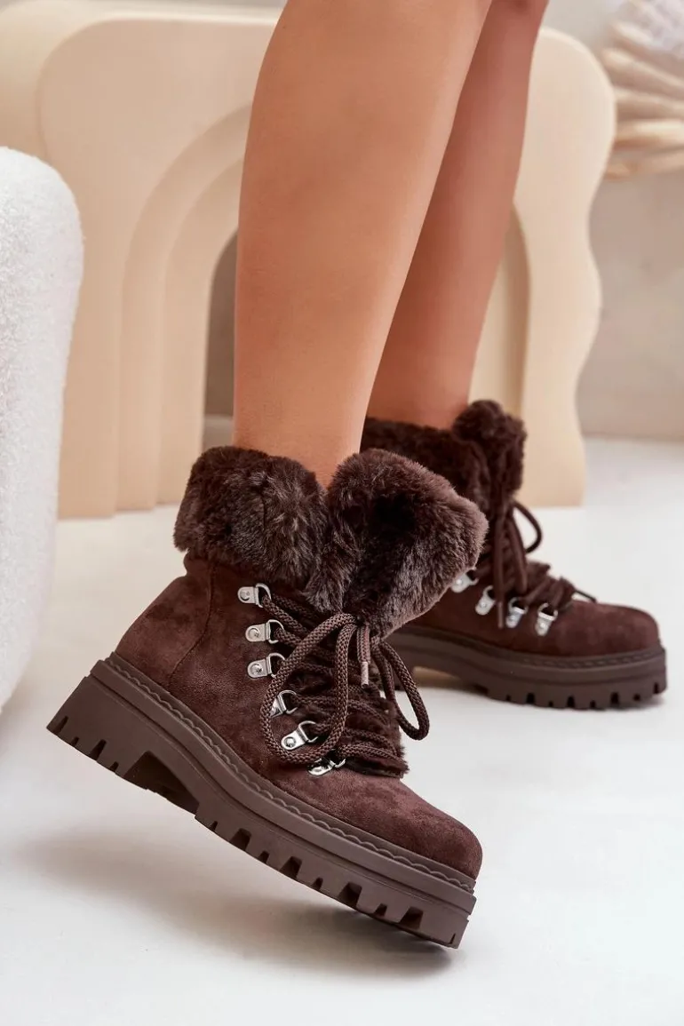Sznurowane Trapery Damskie Z Futerkiem Ciemnobrązowe Vaminia