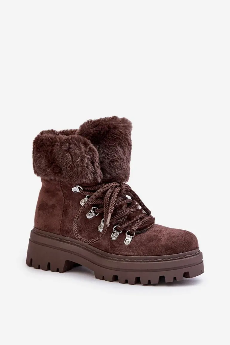 Sznurowane Trapery Damskie Z Futerkiem Ciemnobrązowe Vaminia