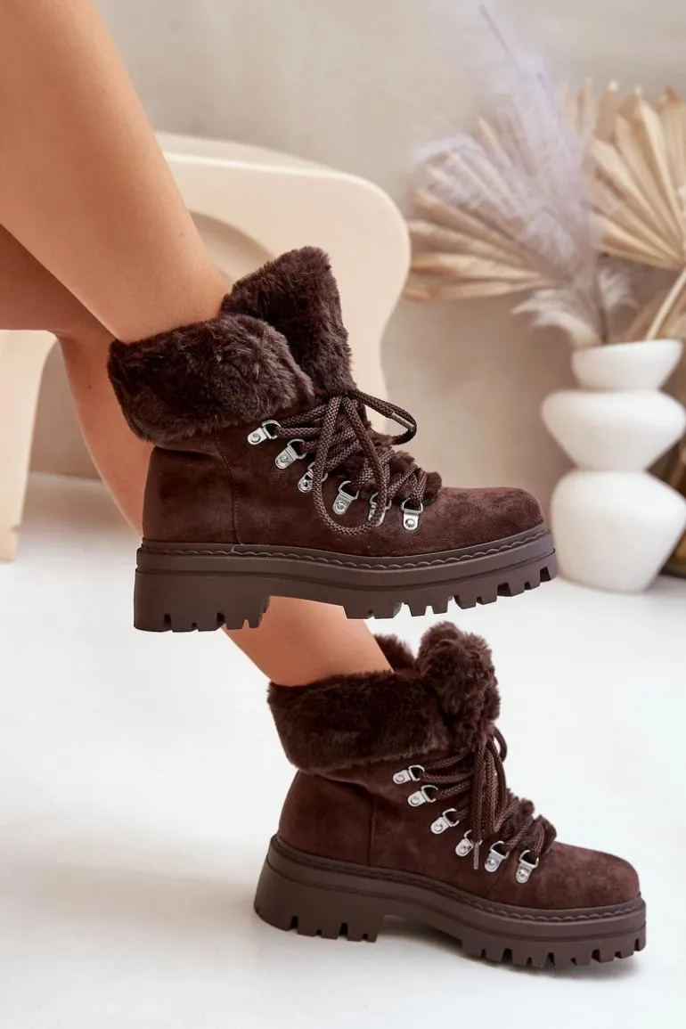 Sznurowane Trapery Damskie Z Futerkiem Ciemnobrązowe Vaminia