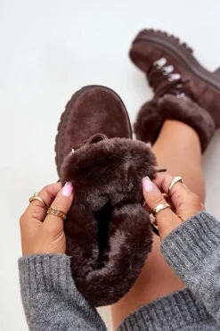 Sznurowane Trapery Damskie Z Futerkiem Ciemnobrązowe Vaminia