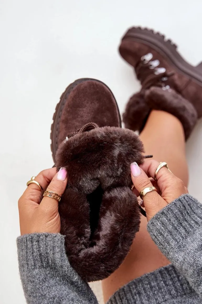 Sznurowane Trapery Damskie Z Futerkiem Ciemnobrązowe Vaminia