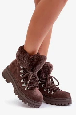 Sznurowane Trapery Damskie Z Futerkiem Ciemnobrązowe Vaminia