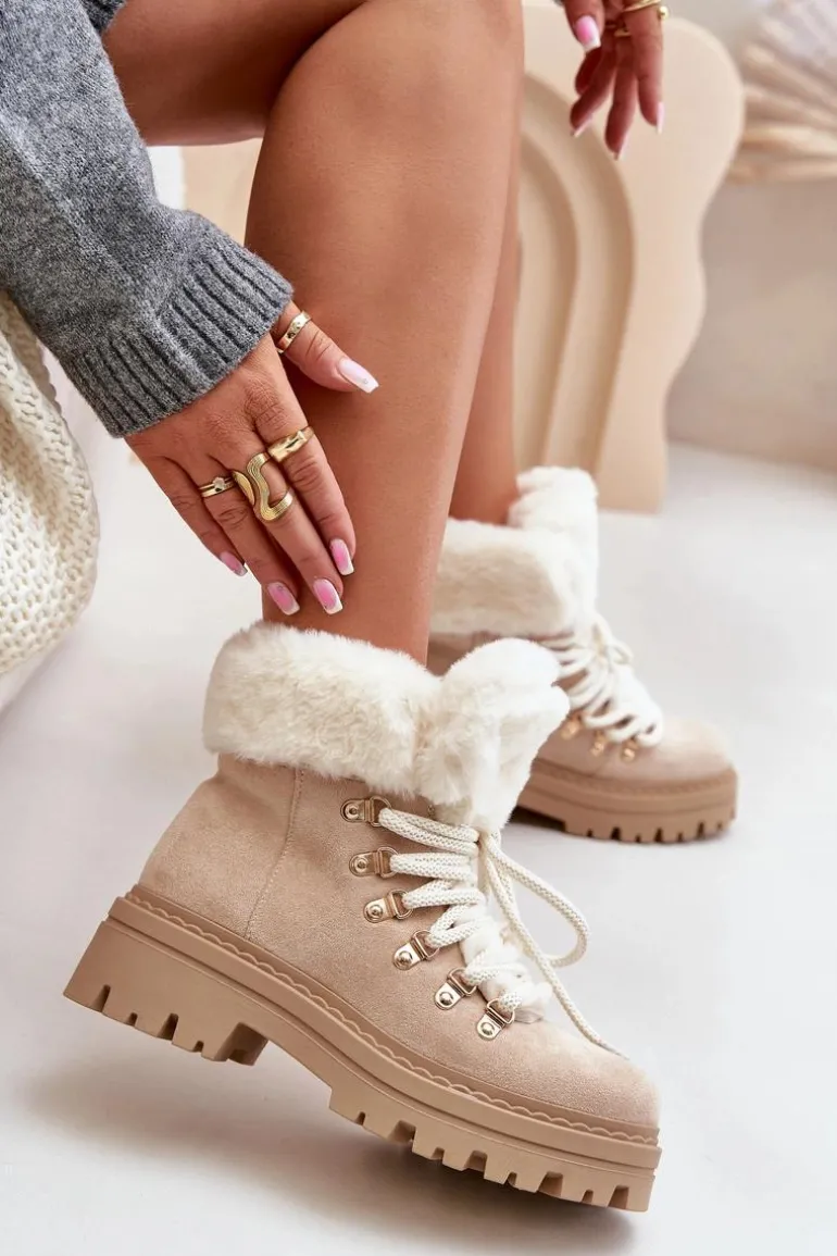 Sznurowane Trapery Damskie Z Futerkiem Jasnobeżowe Vaminia