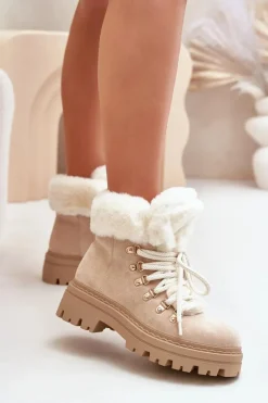 Sznurowane Trapery Damskie Z Futerkiem Jasnobeżowe Vaminia