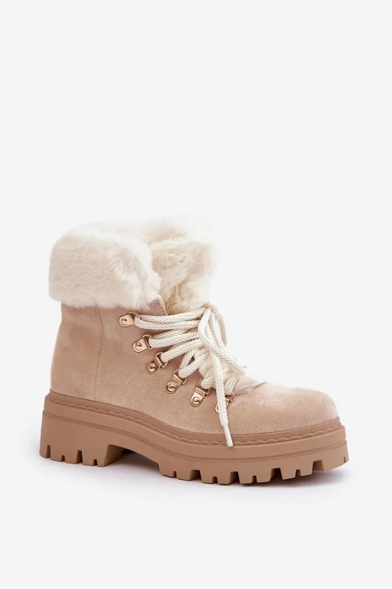 Sznurowane Trapery Damskie Z Futerkiem Jasnobeżowe Vaminia