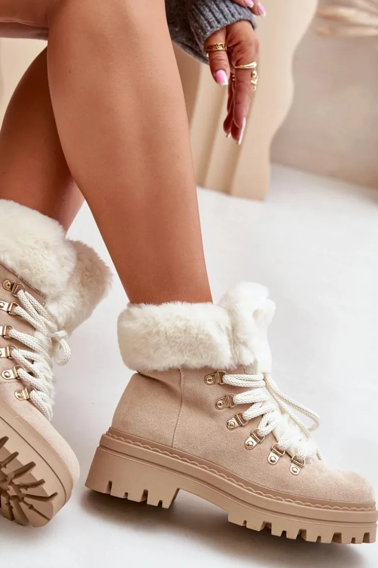 Sznurowane Trapery Damskie Z Futerkiem Jasnobeżowe Vaminia