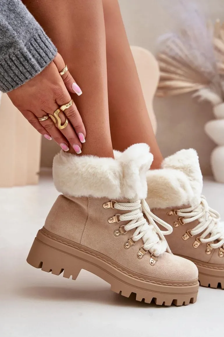 Sznurowane Trapery Damskie Z Futerkiem Jasnobeżowe Vaminia