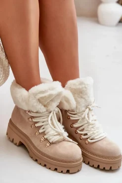 Sznurowane Trapery Damskie Z Futerkiem Jasnobeżowe Vaminia