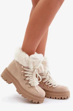 Sznurowane Trapery Damskie Z Futerkiem Jasnobeżowe Vaminia