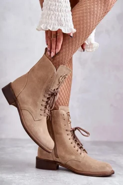 Sznurowane Zamszowe Botki Z Ozdobą Nicole 2750 Beżowe