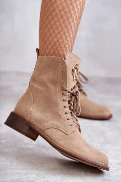 Sznurowane Zamszowe Botki Z Ozdobą Nicole 2750 Beżowe