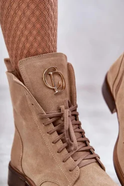 Sznurowane Zamszowe Botki Z Ozdobą Nicole 2750 Beżowe