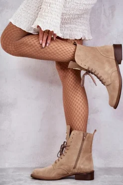 Sznurowane Zamszowe Botki Z Ozdobą Nicole 2750 Beżowe