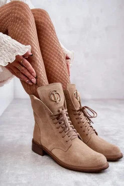 Sznurowane Zamszowe Botki Z Ozdobą Nicole 2750 Beżowe