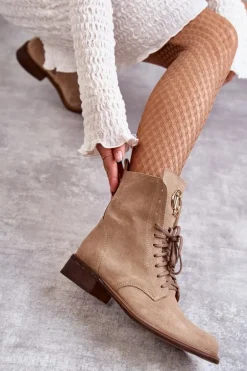 Sznurowane Zamszowe Botki Z Ozdobą Nicole 2750 Beżowe