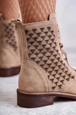 Sznurowane Zamszowe Botki Nicole 2751 Beżowe