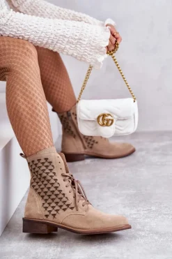 Sznurowane Zamszowe Botki Nicole 2751 Beżowe