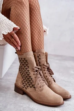 Sznurowane Zamszowe Botki Nicole 2751 Beżowe