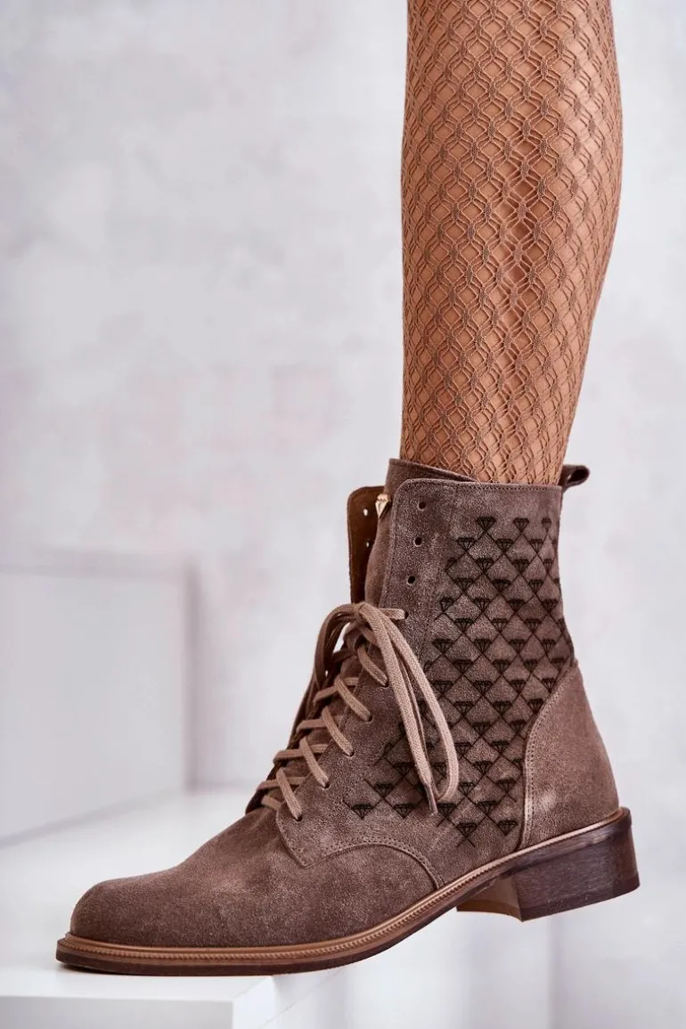 Sznurowane Zamszowe Botki Nicole 2751 Brązowe