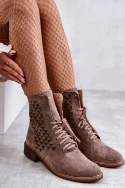 Sznurowane Zamszowe Botki Nicole 2751 Brązowe