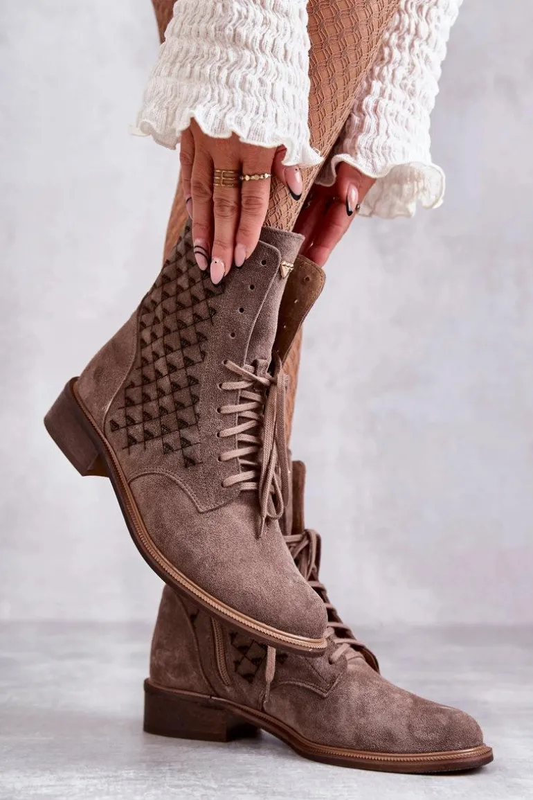 Sznurowane Zamszowe Botki Nicole 2751 Brązowe