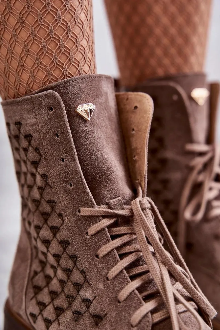 Sznurowane Zamszowe Botki Nicole 2751 Brązowe