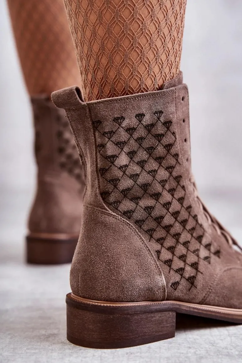 Sznurowane Zamszowe Botki Nicole 2751 Brązowe