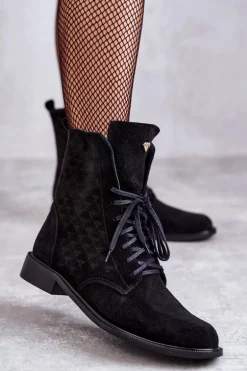 Sznurowane Zamszowe Botki Nicole 2751 Czarne