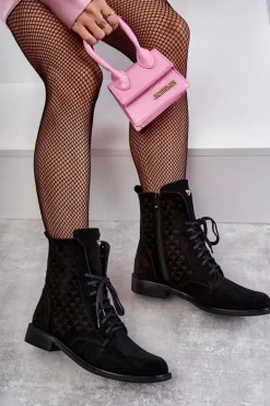 Sznurowane Zamszowe Botki Nicole 2751 Czarne