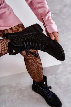 Sznurowane Zamszowe Botki Nicole 2751 Czarne