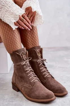 Sznurowane Zamszowe Botki Z Ozdobą Nicole 2750 Brązowe