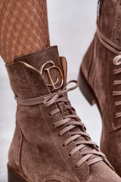 Sznurowane Zamszowe Botki Z Ozdobą Nicole 2750 Brązowe