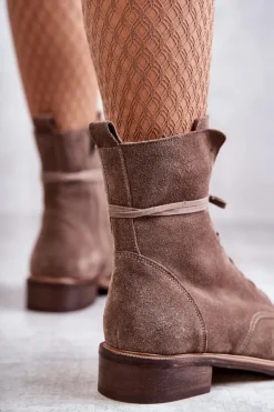 Sznurowane Zamszowe Botki Z Ozdobą Nicole 2750 Brązowe