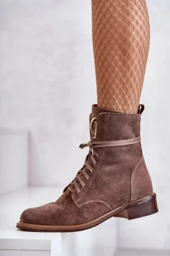 Sznurowane Zamszowe Botki Z Ozdobą Nicole 2750 Brązowe