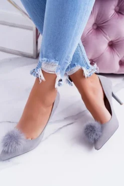 Szpilki damskie Szare Zamszowe Lu Boo Pompon