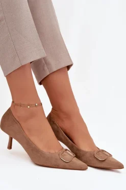 Szpilki Damskie Z Ozdobnym Detalem Ciemnobeżowe Amelora