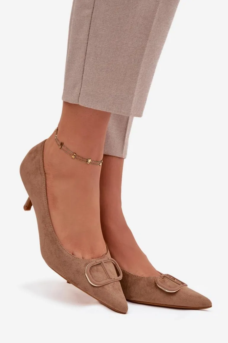 Szpilki Damskie Z Ozdobnym Detalem Ciemnobeżowe Amelora