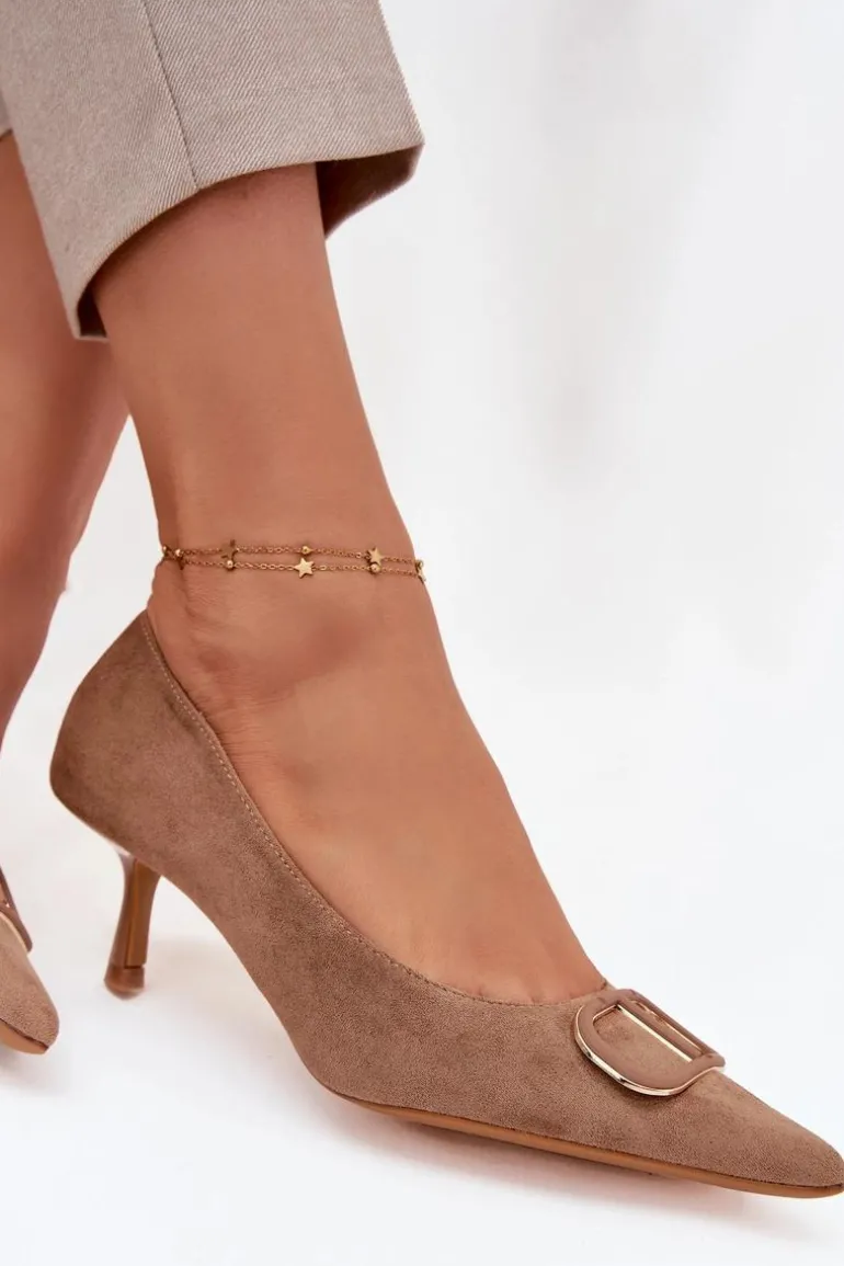 Szpilki Damskie Z Ozdobnym Detalem Ciemnobeżowe Amelora