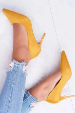 Szpilki Damskie Zamszowe W Szpic Żółte Cream