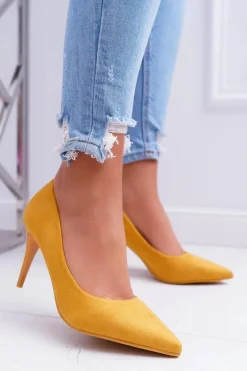 Szpilki Damskie Zamszowe W Szpic Żółte Cream