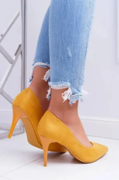 Szpilki Damskie Zamszowe W Szpic Żółte Cream