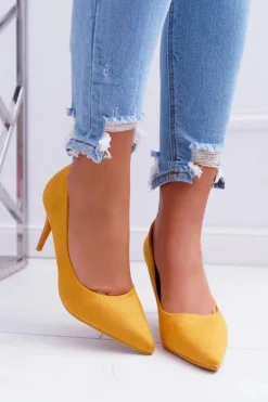 Szpilki Damskie Zamszowe W Szpic Żółte Cream